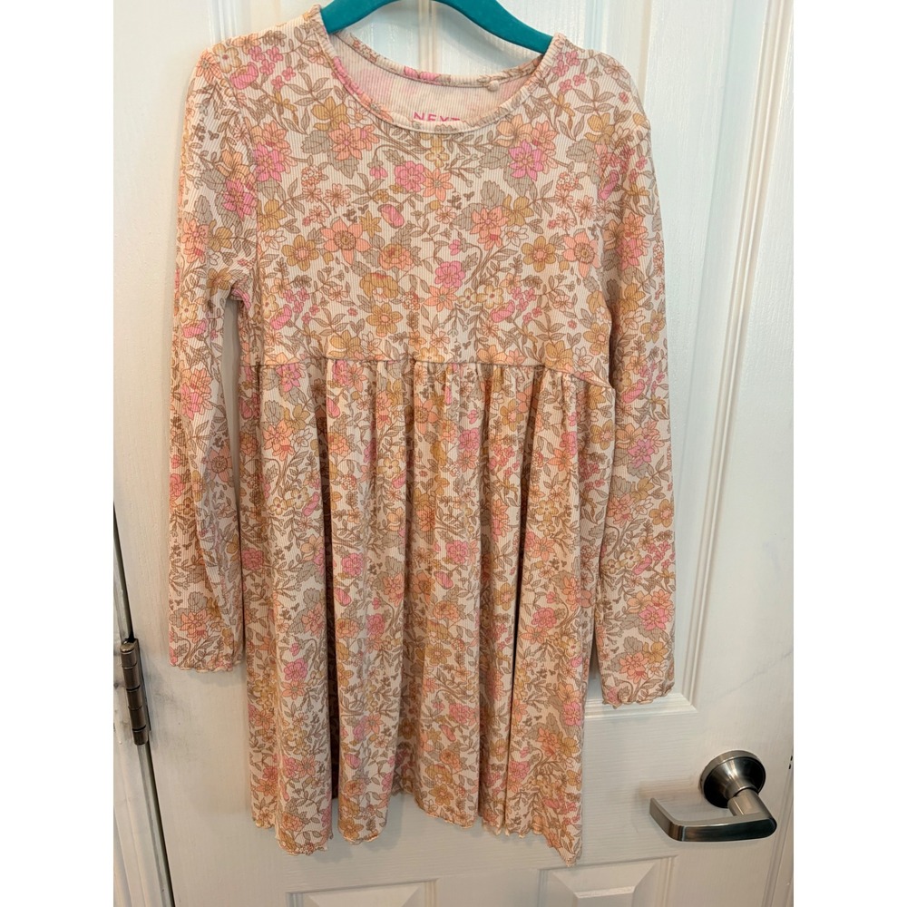 Next Dress Pink Floral Ribbed Long Sleeve Babydoll Lettuce Trim Kids 6-7yrs